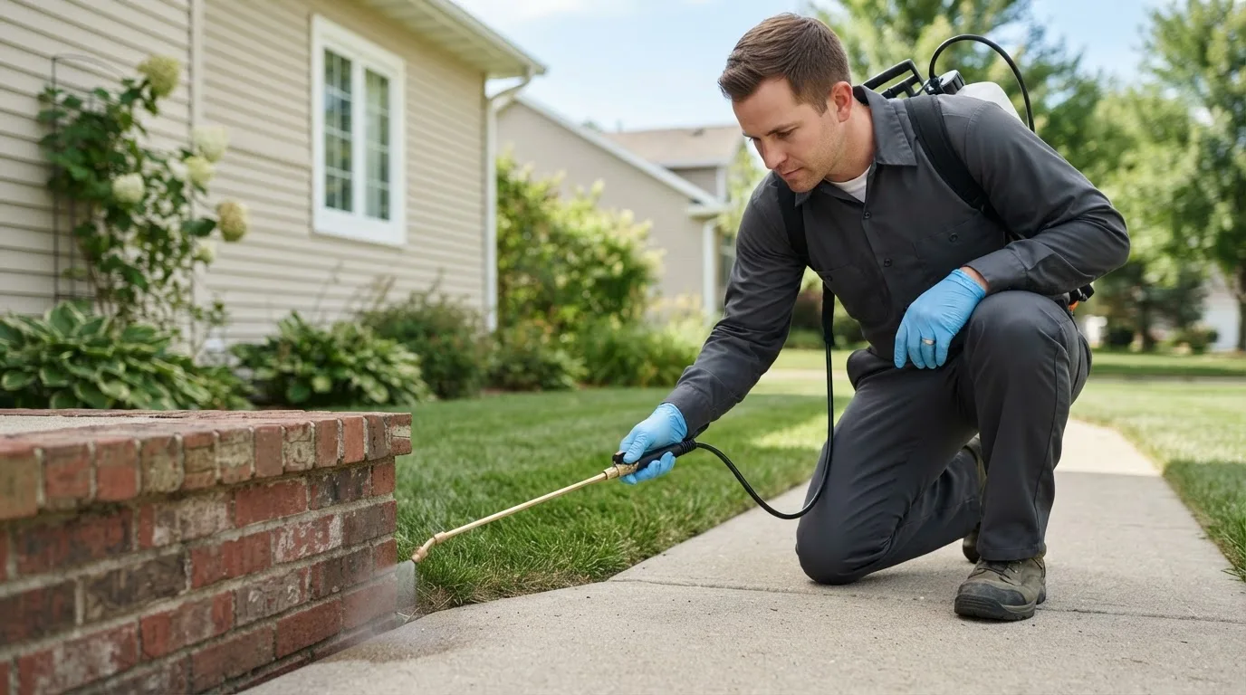 Pest control technician treating a home near Rogersville, MO